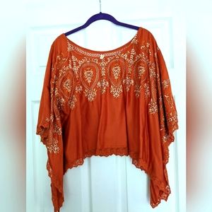 COPY - Burnt orange embroidered bell sleeve blouse